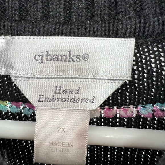 CJ Banks hand embroidered zip up cardigan sweater vest black pastel 2X ramie - Picture 6 of 8